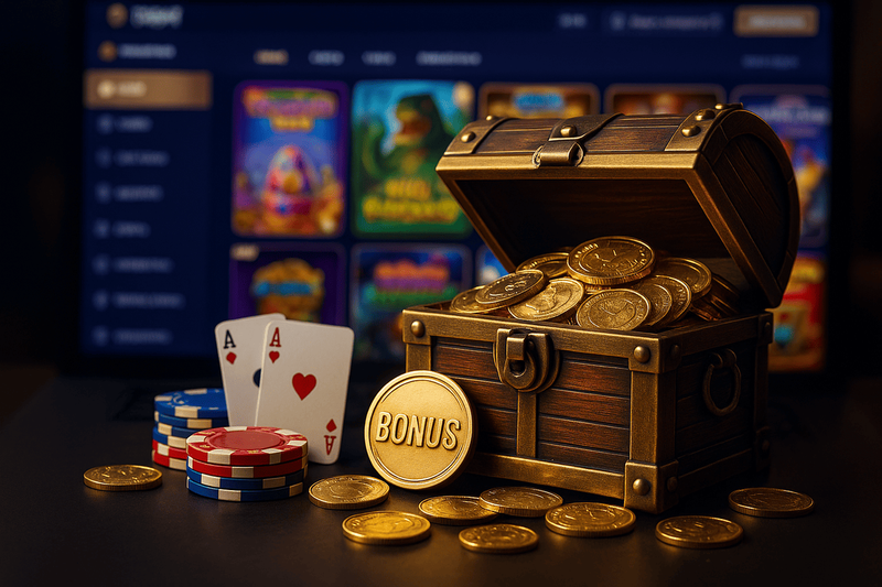 Schatztruhe mit Casino-Münzen, Karten und Chips als Symbol für Willkommensbonus im Online Casino